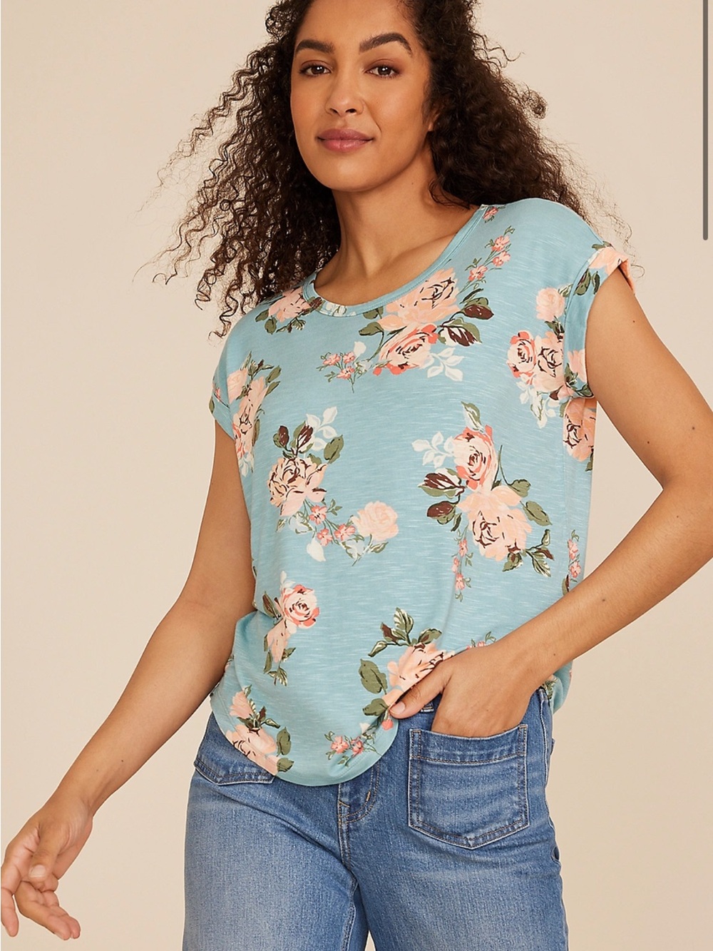 Maurices Floral Short-Sleeve Tee in Light Blue and Pink